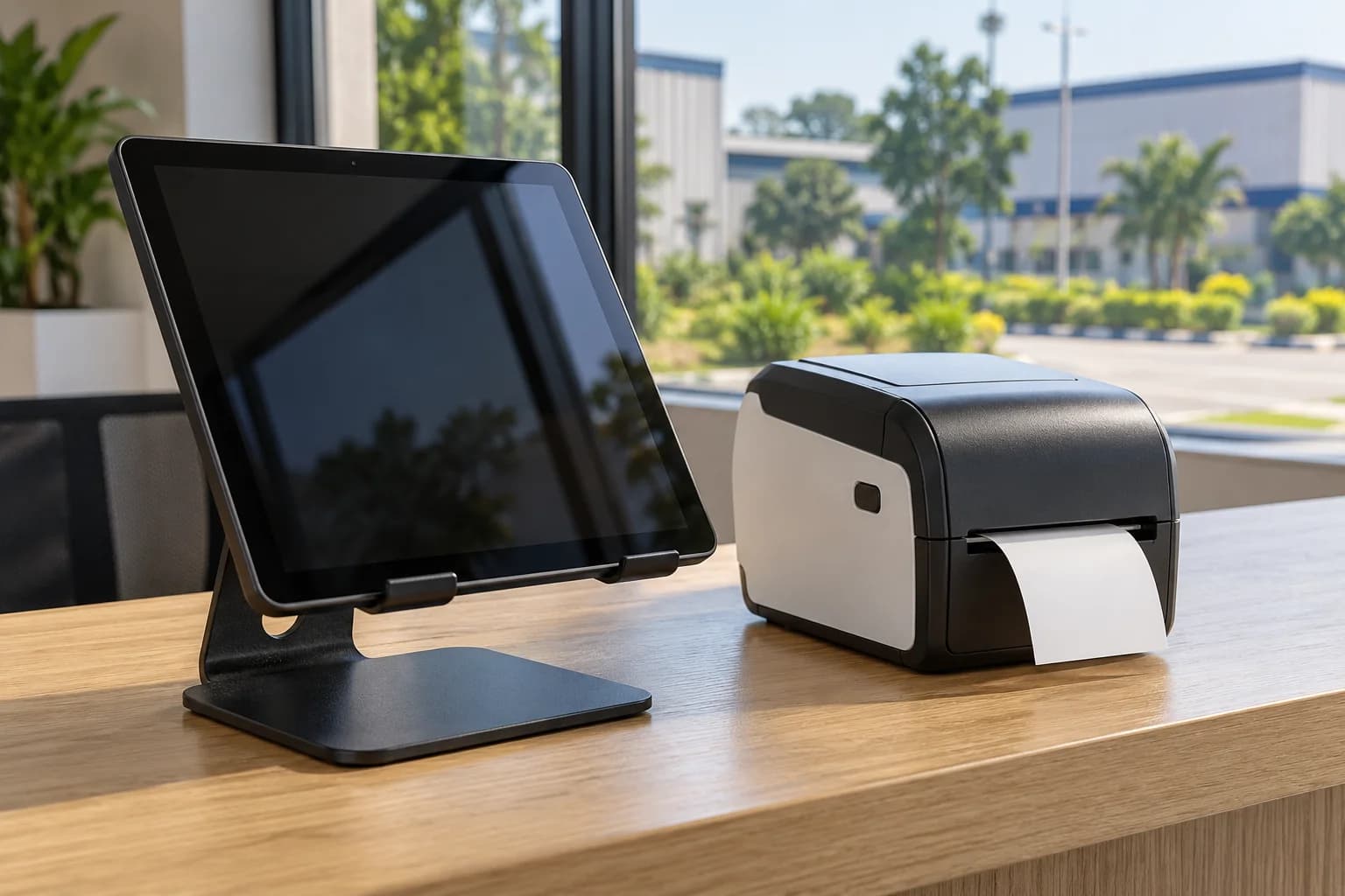 AI-generated illustration of a tablet on a stand and a compact badge printer at reception.